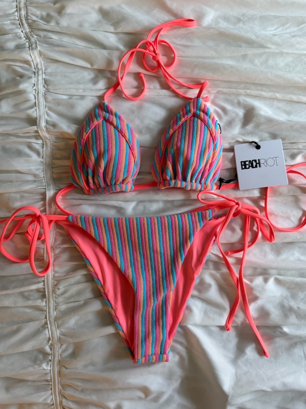 Beach Riot Neon Coral Triangle Bikini Top with Pastel Trim